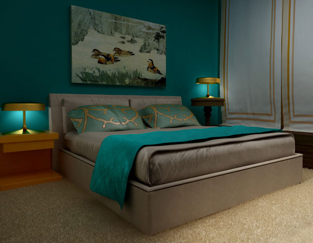 Guest room Turquoise guest room with Penta China lamp and bed by Meridiani